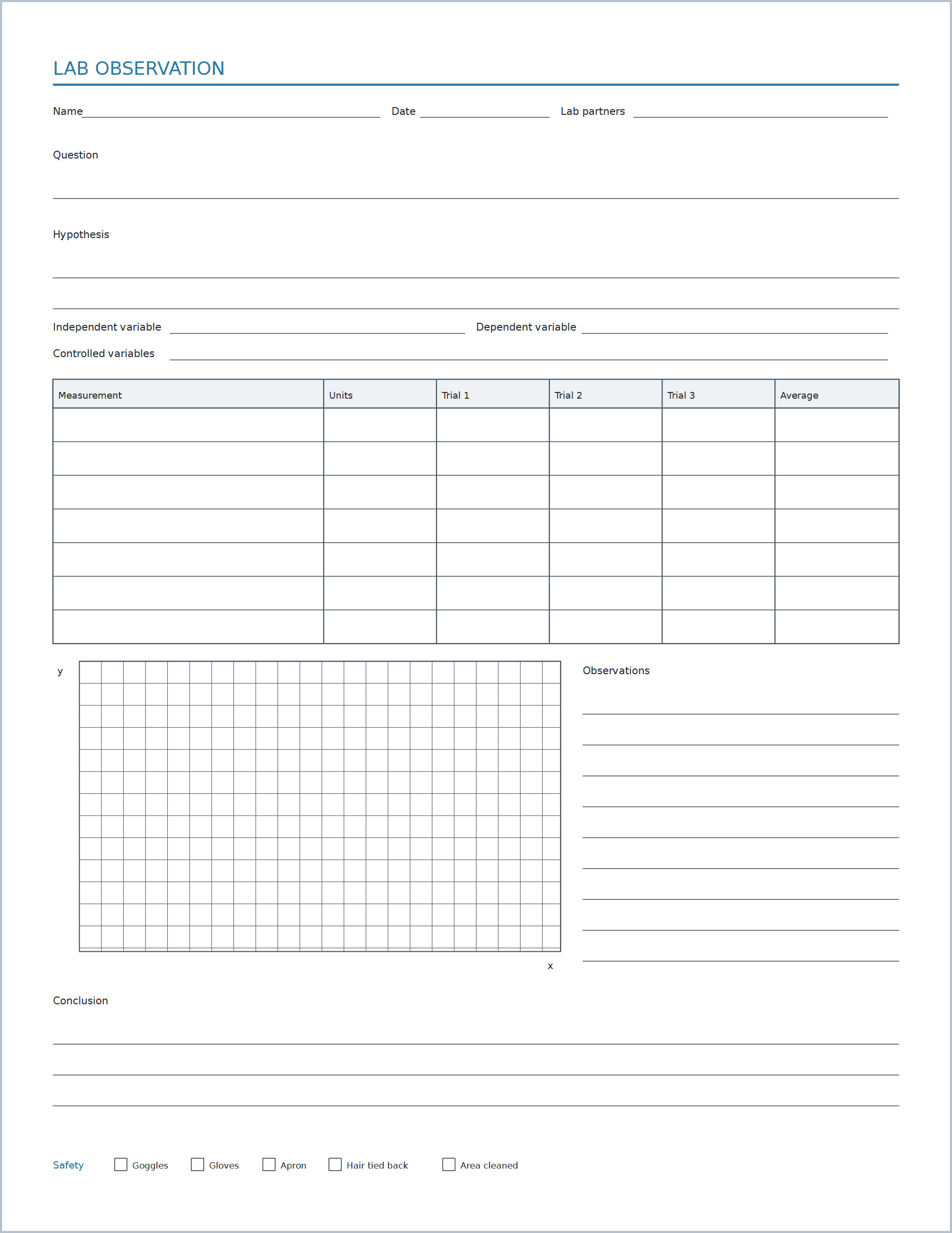 Science lab observation printable paper, US Letter