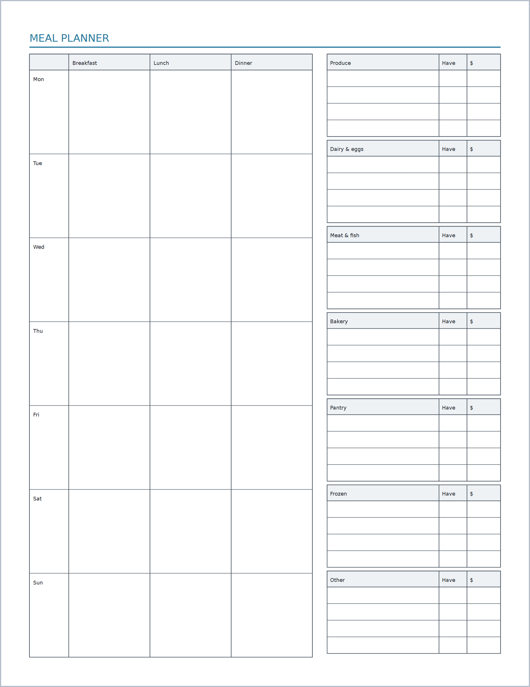 Meal planner & grocery list printable paper, US Letter
