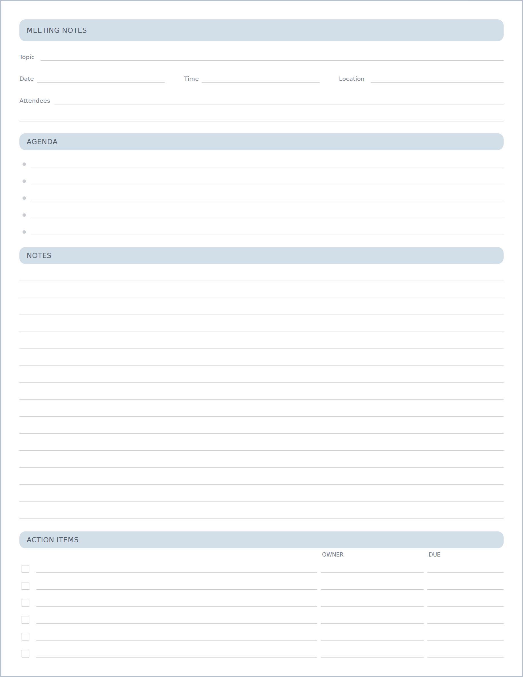 Meeting notes printable paper, US Letter