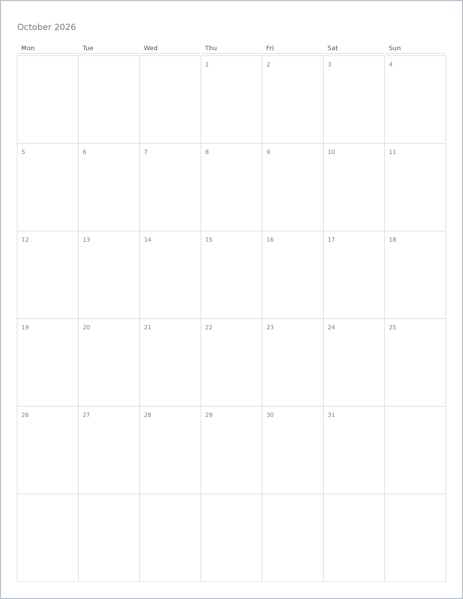 Monthly calendar printable paper, US Letter