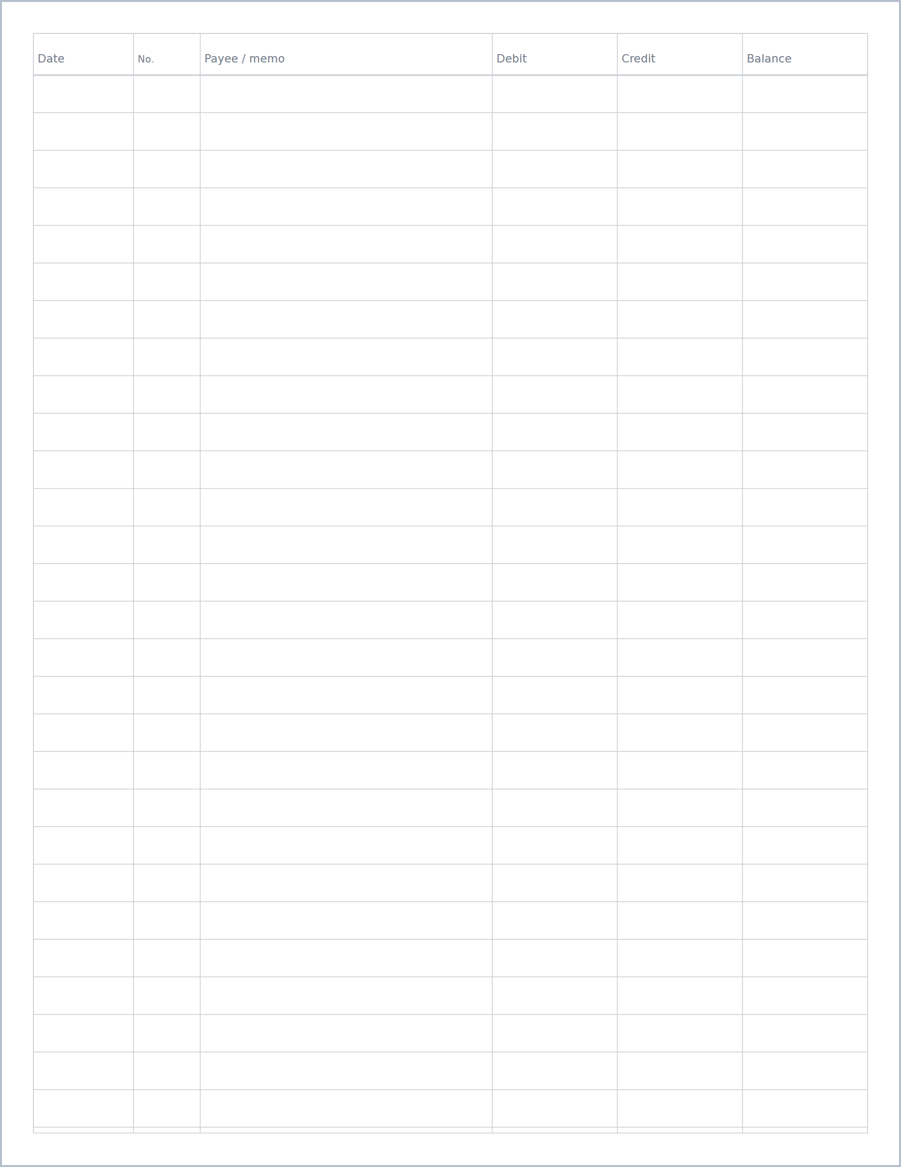 Check register printable paper, US Letter